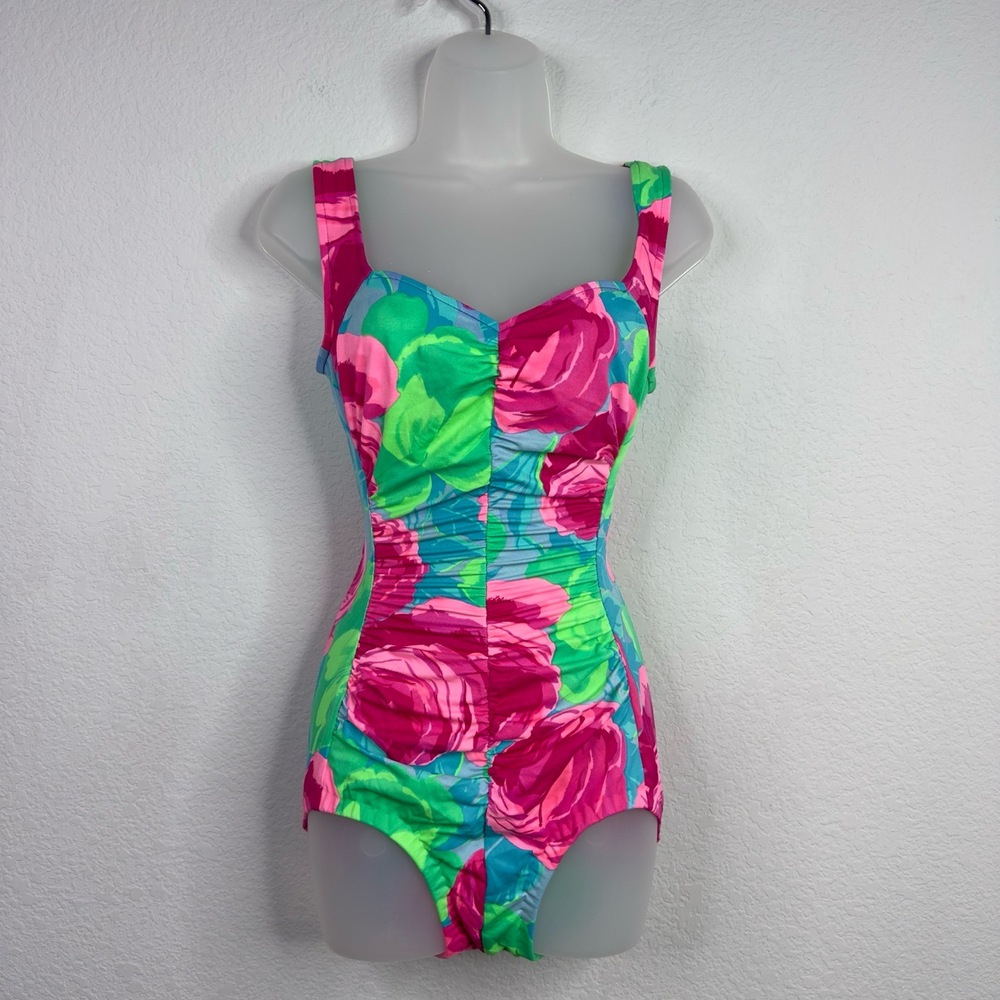 Sand Castle Swimsuit Womens 8 Colorful Floral Ruched VTG 80s One Piece Beach USA